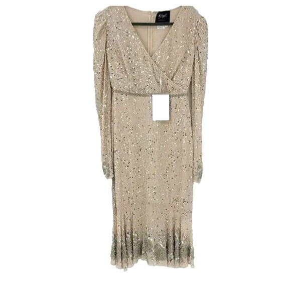 MAC DUGGAL SEQUIN DRESS WITH EMBELISHED HEMLINE NUDE SILVER SZ 10 10740 - Picture 2 of 6